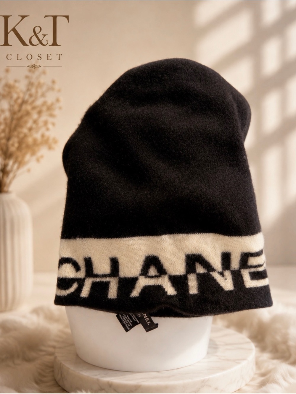 Authentic CHANEL Black and Cream Logo Knit Beanie Hat